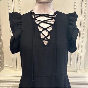 Bellino Little Black Dress Flutter Sleeve, Vneck lace up detail Size Small